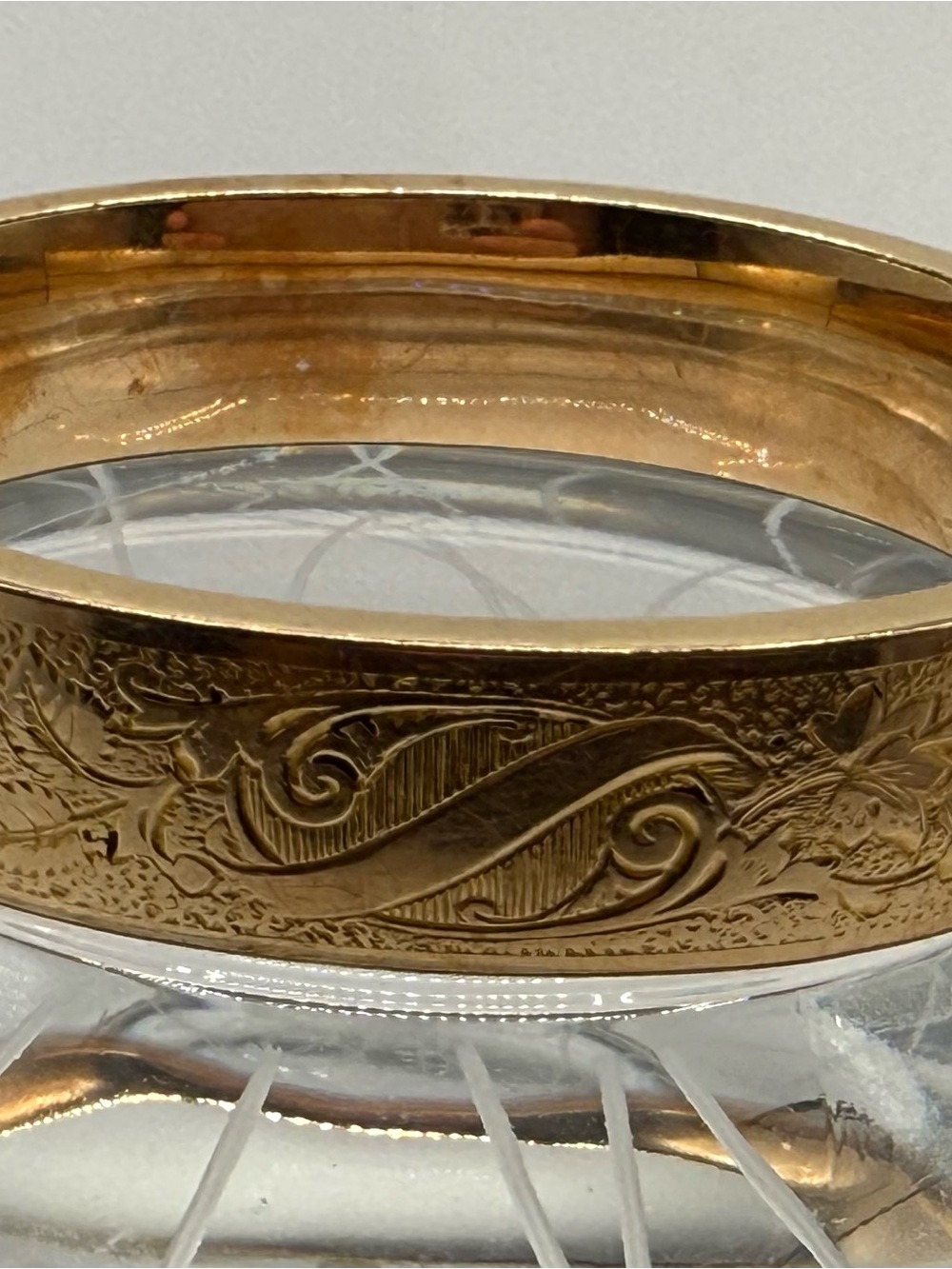 LM & Co Antique Gold Filled Hinged Bangle Bracelet Floral Etched Engraved Scroll - Picture 3 of 7